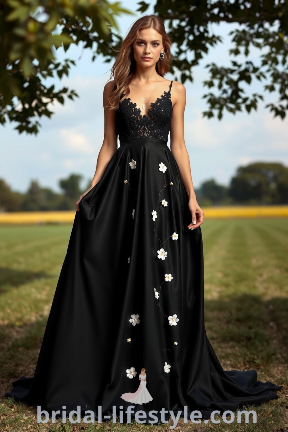Boho black wedding dress with a lace bodice, flowing satin skirt, and floral appliqués, embodying elegance and a free-spirited essence. bridal-lifestyle.com