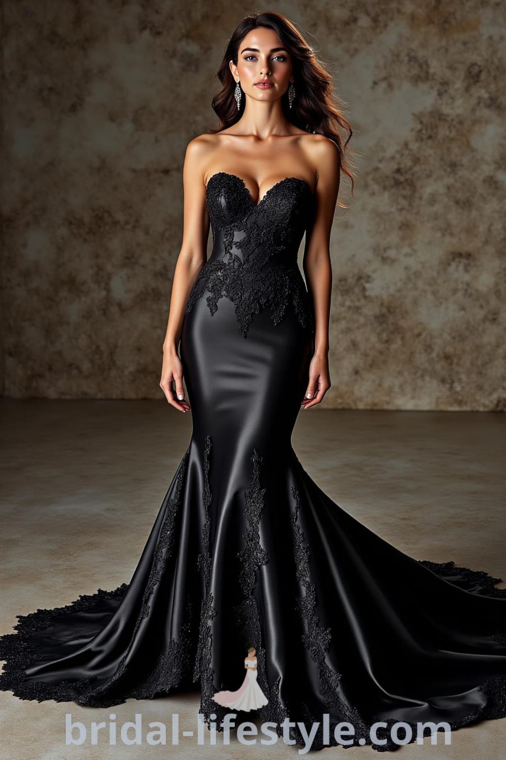 A luxurious black satin mermaid wedding dress with intricate lace appliqués on the fitted bodice and a dramatic train, showcasing elegance and grandeur. pinshoesoutfits.com