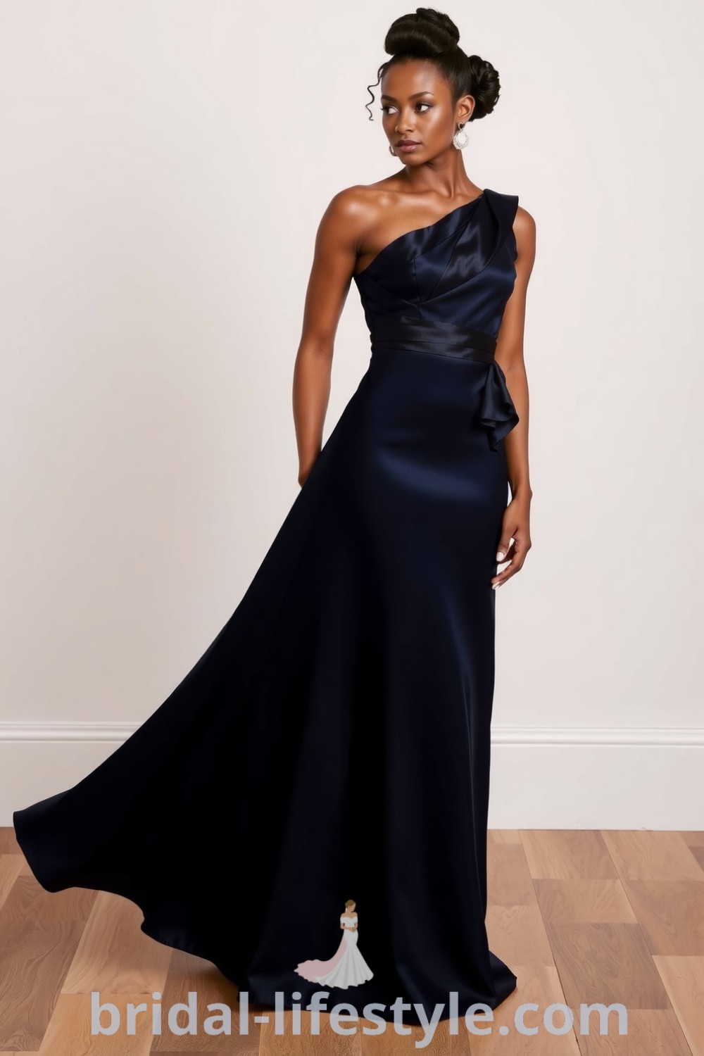 One-shoulder bridesmaid dress in smooth satin, featuring asymmetric neckline and cascading ruffle, in rich navy color. bridal-lifestyle.com