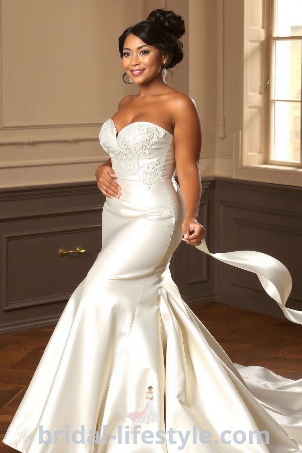 Plus size fit and flare wedding dress in luxurious satin with sweetheart neckline and lace appliqués, draping gracefully as the bride twirls. bridal-lifestyle.com