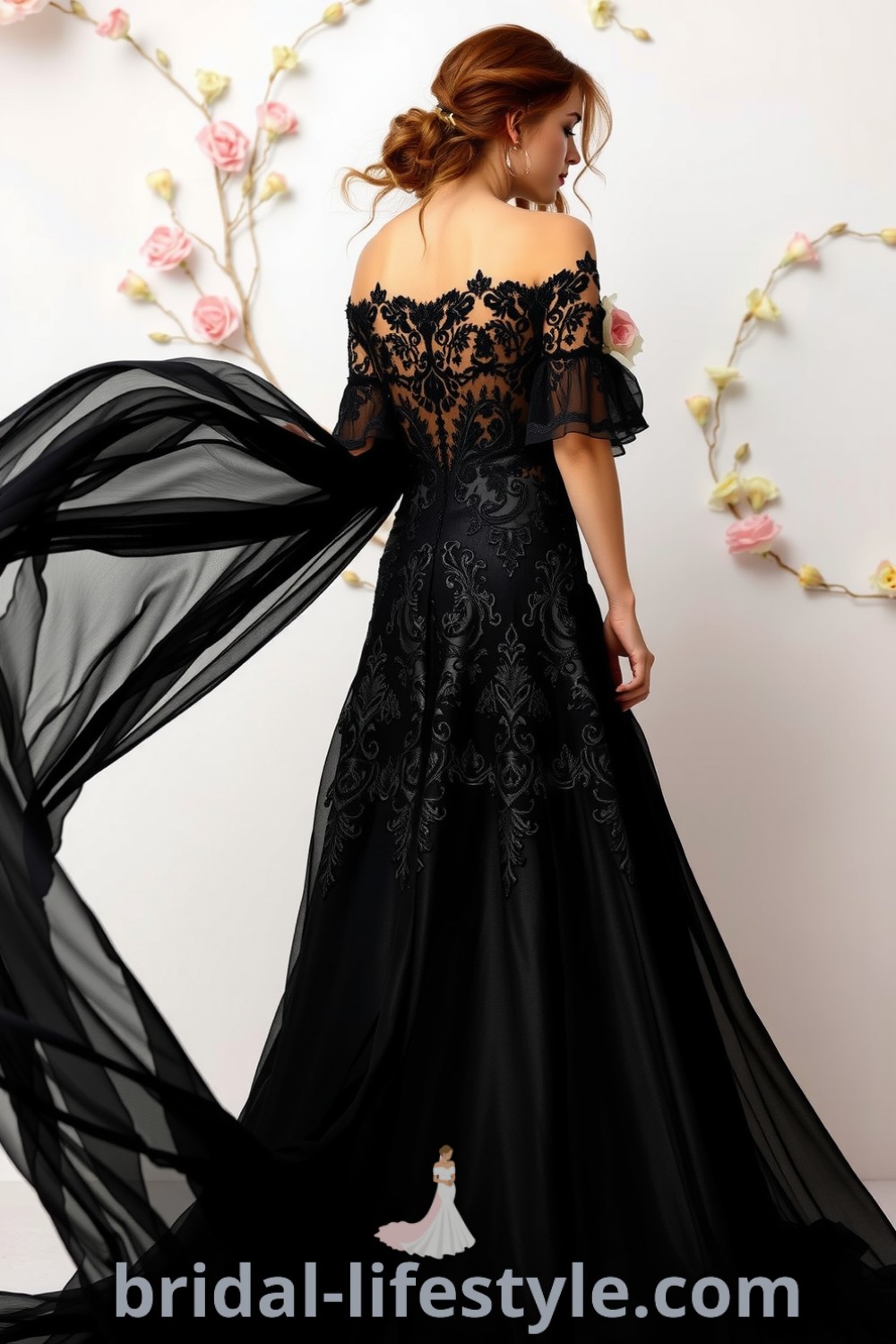 Stunning full-length boho black wedding dress with luxurious lace, off-the-shoulder sleeves, a flowing skirt, and intricate floral embroidery. bridal-lifestyle.com