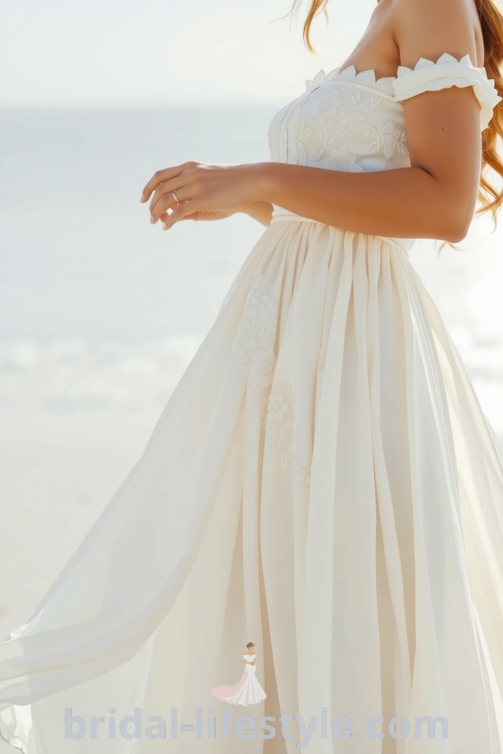 Boho beach wedding dress with airy lace, intricate floral embroidery, flowing silhouette, and off-the-shoulder neckline, embodying romantic and whimsical elegance for dreamy brides. bridal-lifestyle.com
