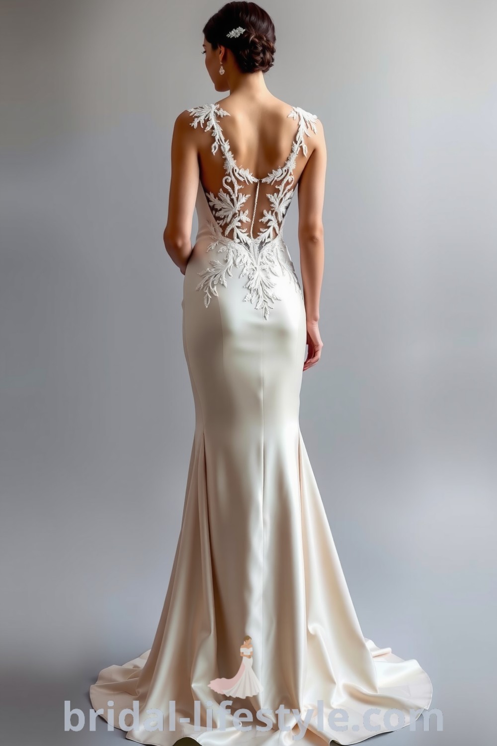 Elegant mermaid wedding dress with fitted silhouette, lace appliqués, and sheer open back, perfect for dreamy brides. bridal-lifestyle.com