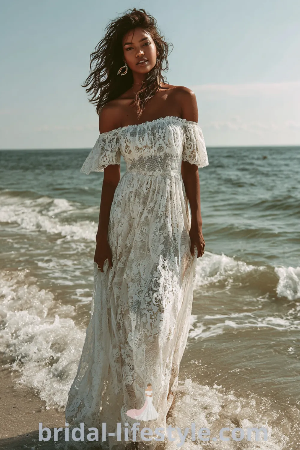 Bohemian beach wedding dress with lace details, coastal boho style, loose waves bridal look, airy beach wedding dress.