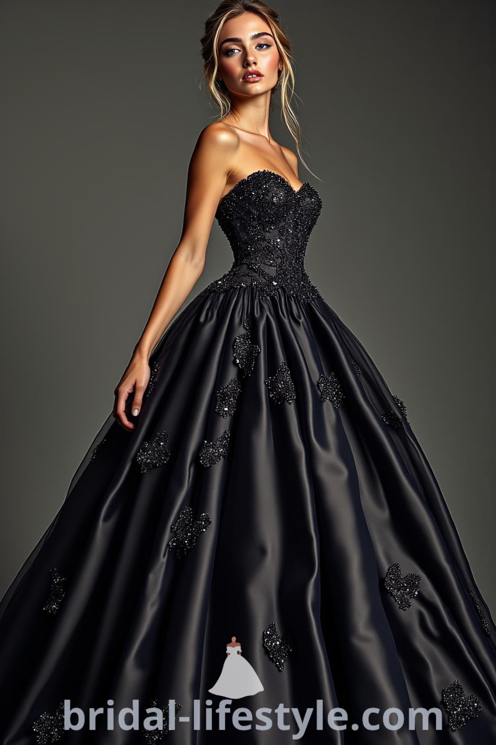 A striking Princess Black wedding dress featuring a fitted bodice with black lace detailing and a voluminous satin and tulle skirt, adorned with glimmering embellishments under soft lighting. bridal-lifestyle.com
