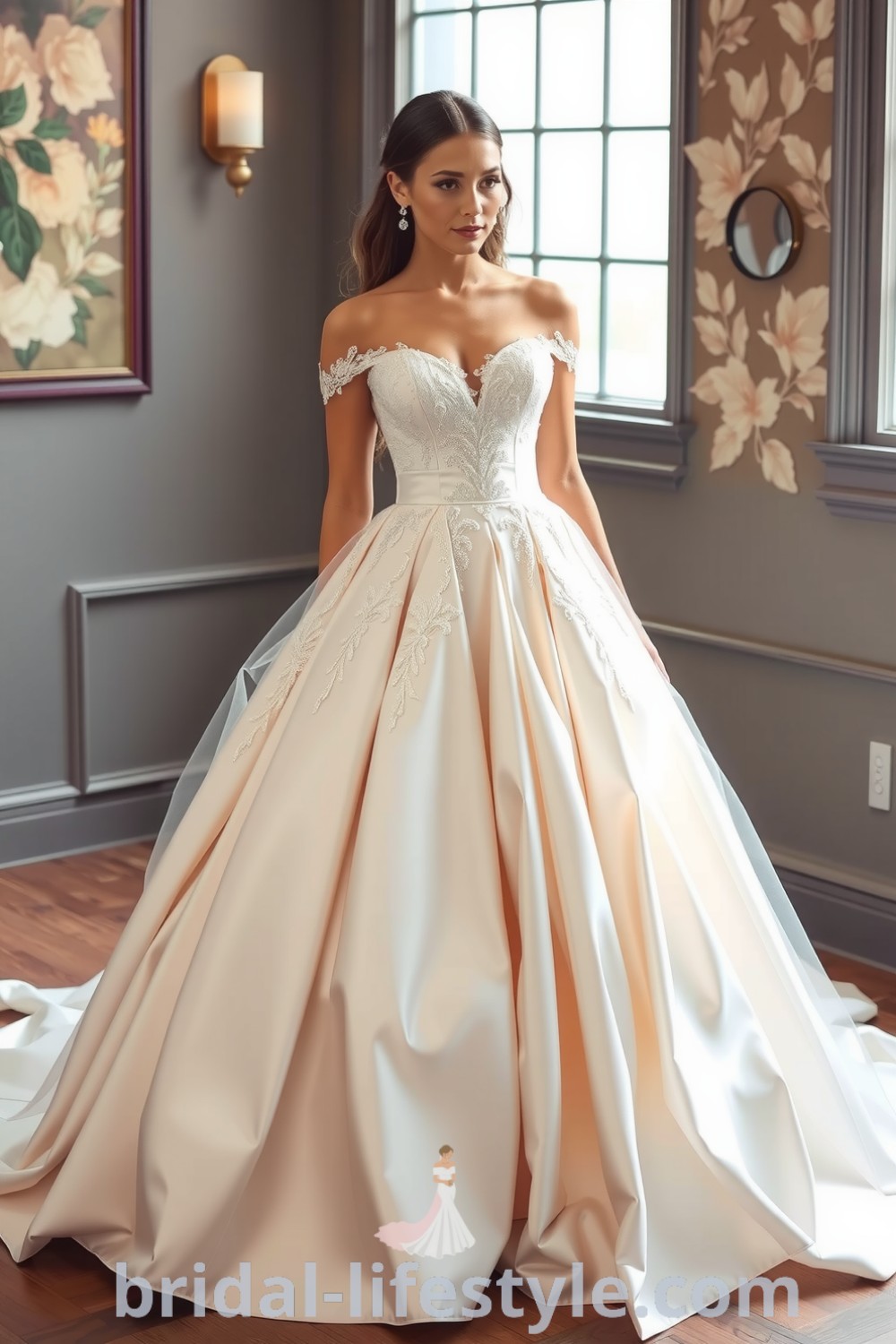 Elegant princess ballgown with luxurious satin, intricate lace appliqués, and a voluminous skirt, perfect for dreamy brides seeking inspiration looks for the special day. bridal-lifestyle.com