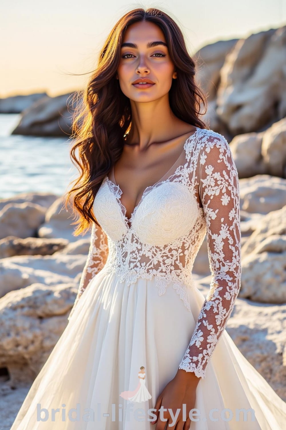 A-line wedding dress with lace long sleeves, satin skirt, V-neckline, and illusion lace back detail. bridal-lifestyle.com