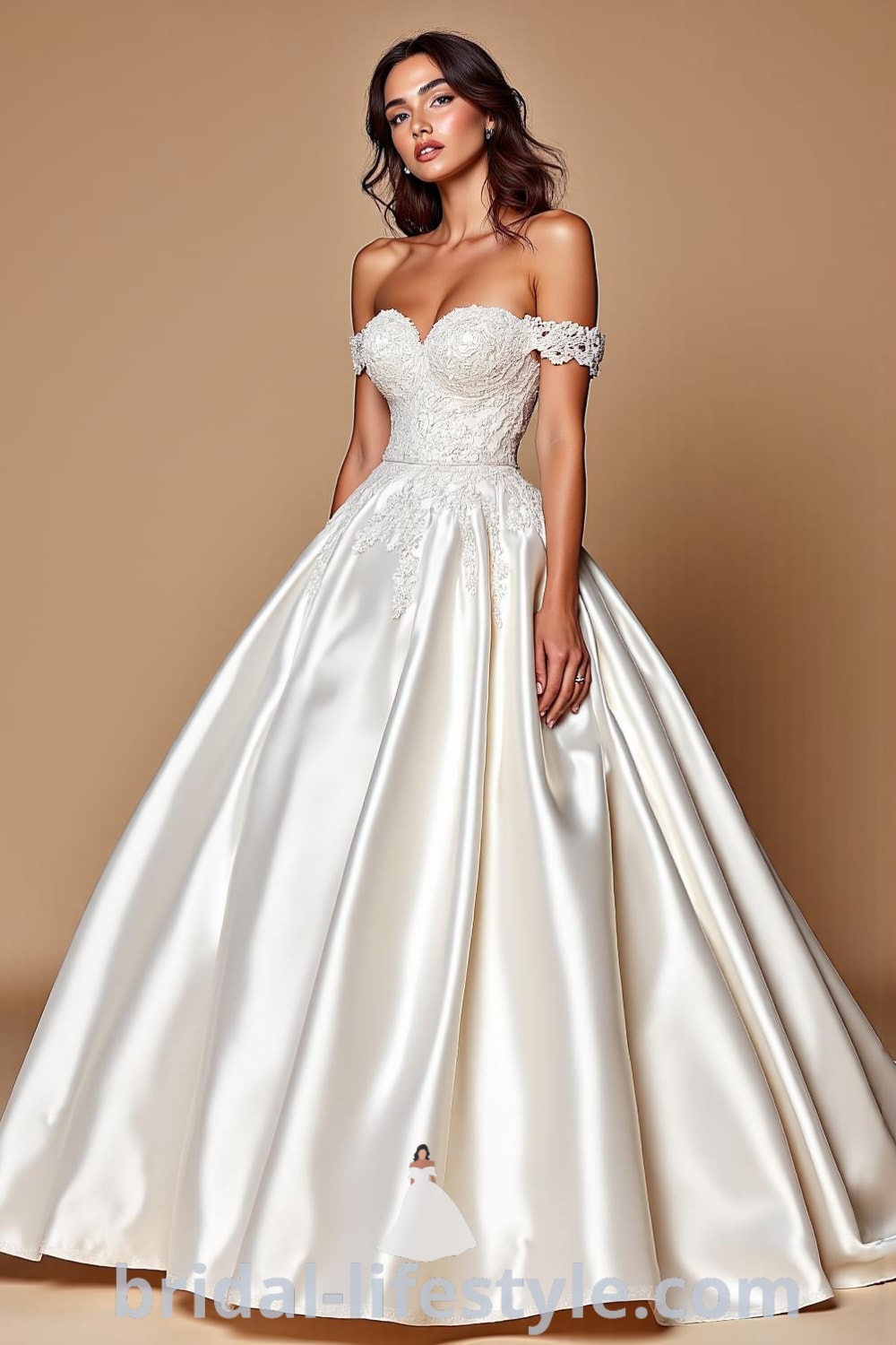 Princess Classy wedding dress with luxurious satin fabric, ball gown silhouette, full skirt embellished with lace appliqués, sweetheart neckline, and off-the-shoulder straps. bridal-lifestyle.com