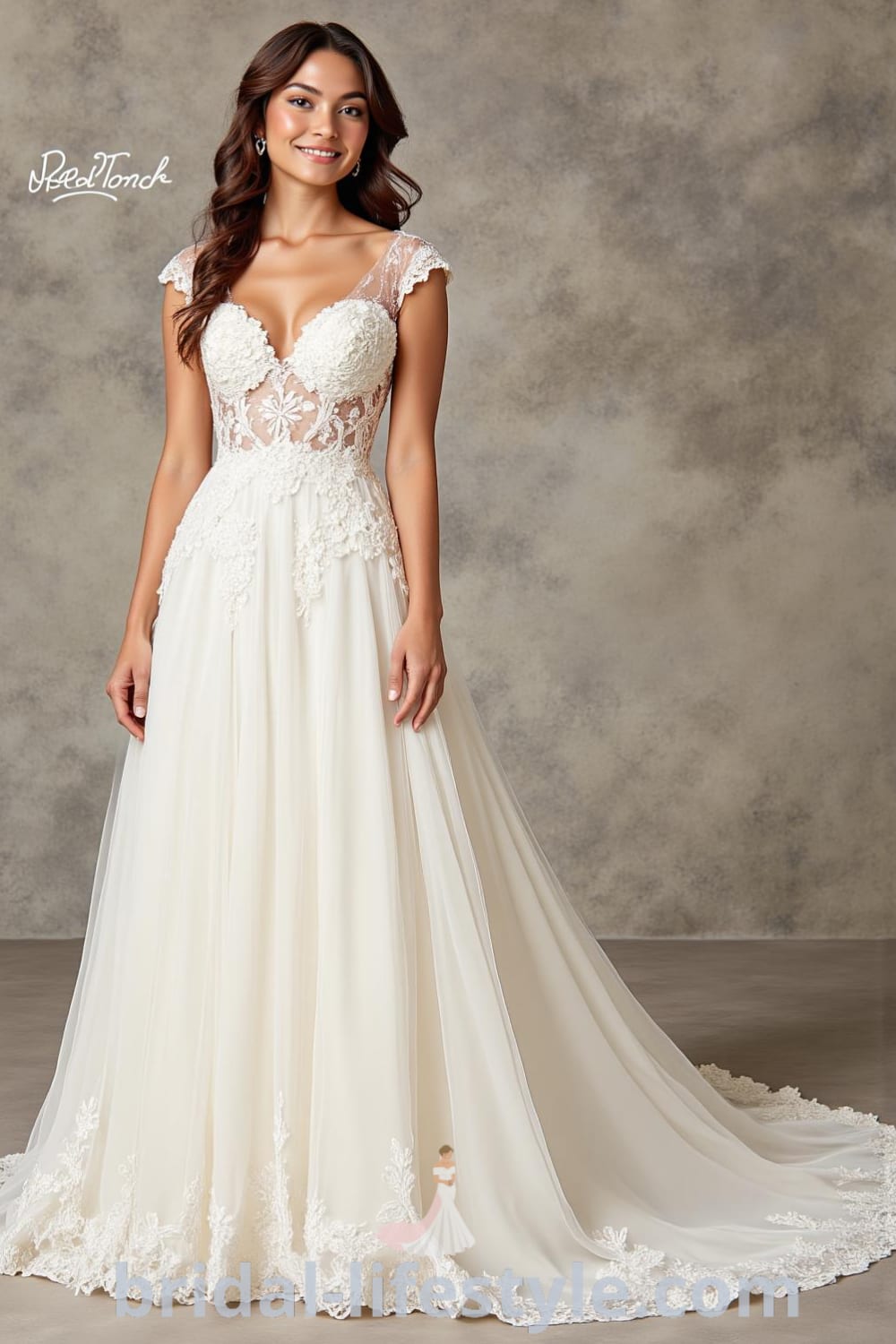 A-line wedding dress with cap sleeves, lace bodice, chiffon skirt, floral appliqués along the hem, and a subtle V-neckline. bridal-lifestyle.com