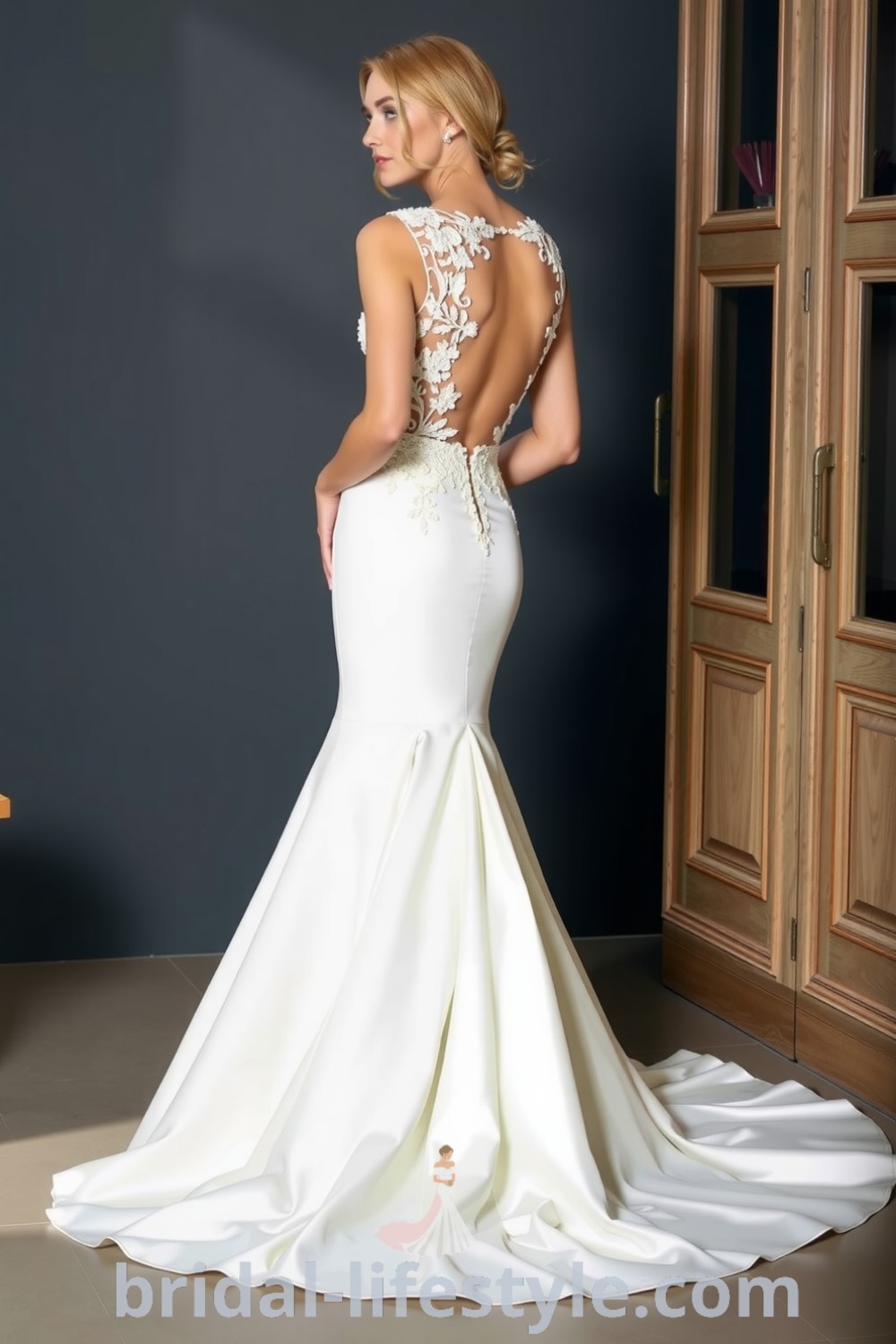 Fit and flare wedding dress made of luxurious satin, featuring an open back and intricate lace appliqués, with a graceful train flowing behind. bridal-lifestyle.com