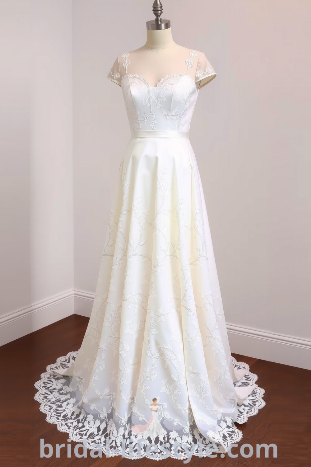 Vintage lace wedding dress with floral patterns, sweetheart neckline, and cap sleeves, featuring soft satin underlayer and classic A-line silhouette. bridal-lifestyle.com