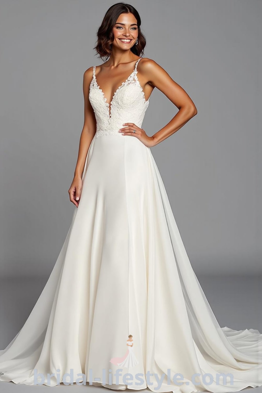 A-line wedding dress with V-neckline, intricate lace detailing, flowing satin skirt, and sheer panels. bridal-lifestyle.com