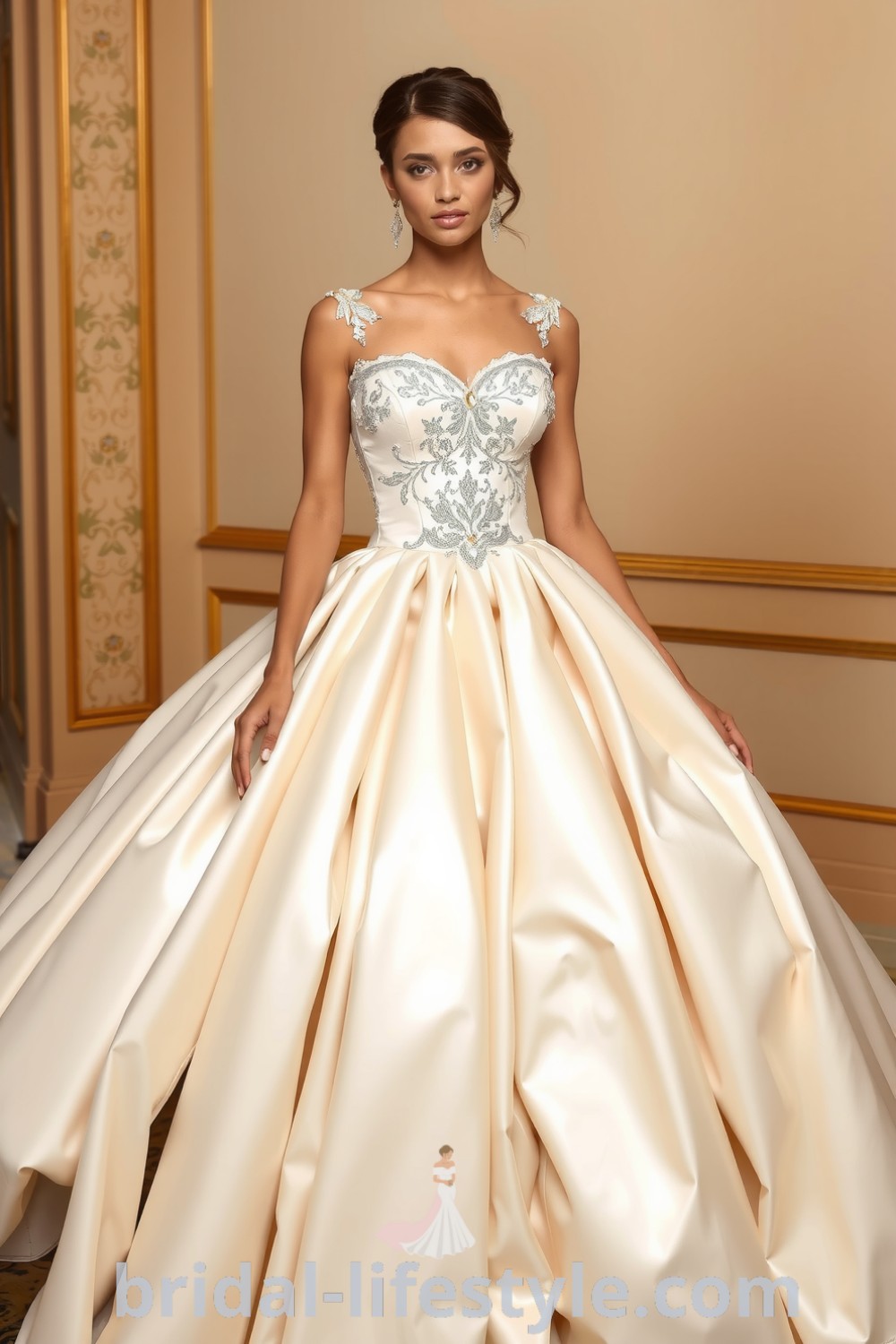 A stunning princess ballgown with a sweetheart neckline, intricate lace appliqués, and sparkling gems, featuring a voluminous satin skirt. bridal-lifestyle.com