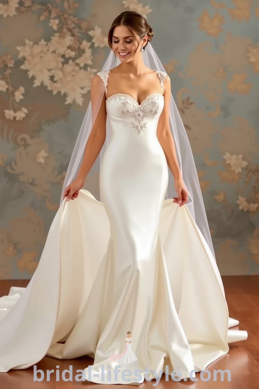 Elegant mermaid wedding dress with luxurious satin fabric, intricate lace detailing on the sweetheart neckline, and a detachable cascading skirt, showcasing dreamy styles for every bride