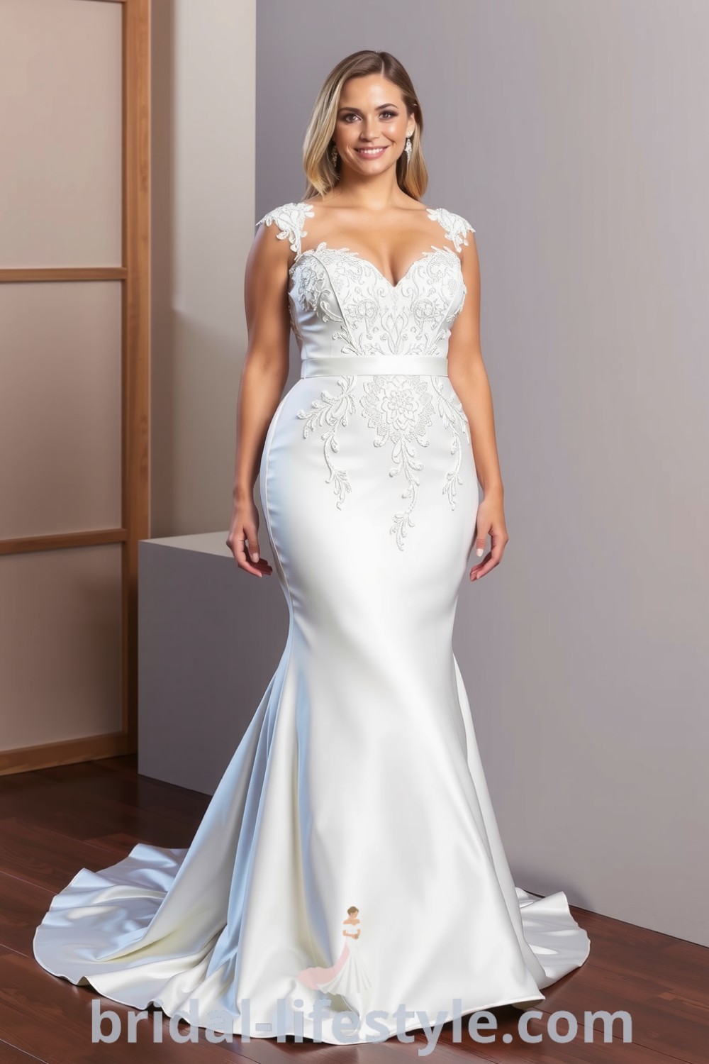 Fit and flare plus-size wedding dress made of luxurious satin with lace appliqués, featuring a sweetheart neckline and a flowing skirt, radiating elegance. bridal-lifestyle.com