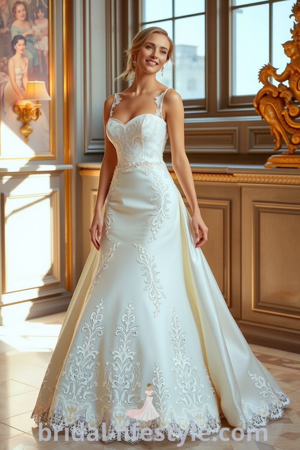 Fit and flare wedding dress with square neckline, luxurious satin fabric, and intricate lace detailing, designed for a timeless and elegant bridal look. bridal-lifestyle.com