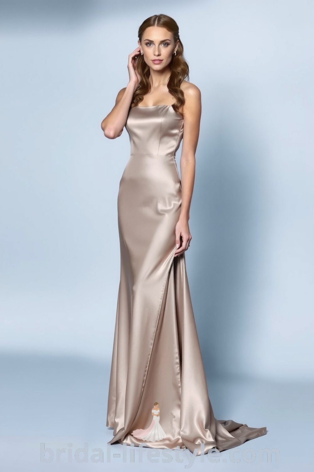 Sophisticated long satin bridesmaid dress featured on bridal-lifestyle.com, showcasing a sleek form-fitting silhouette, side slit for movement, and aesthetic ideas for every bride