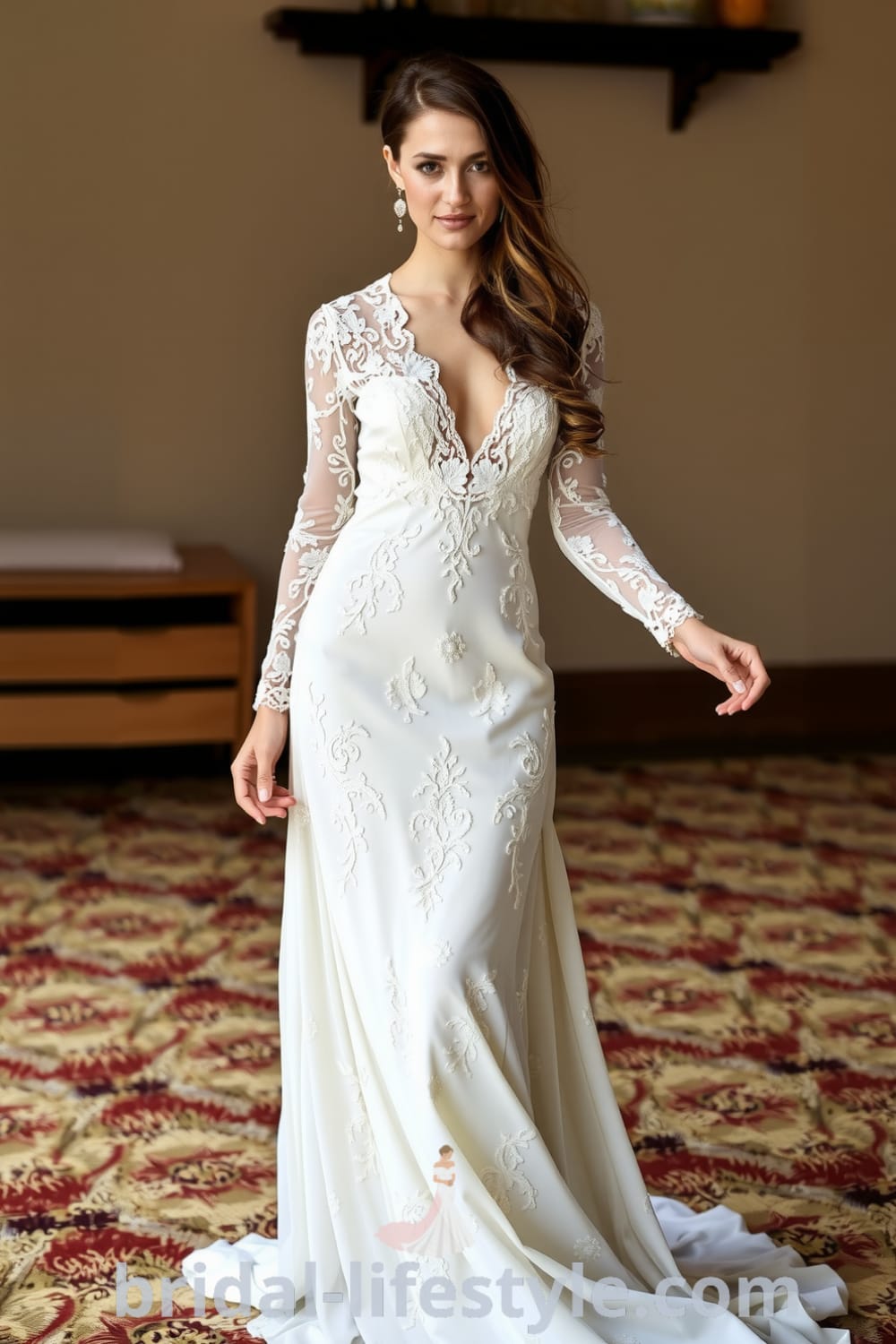 Boho long sleeve lace wedding dress with floral patterns, romantic V-neckline, and a delicate train. bridal-lifestyle.com