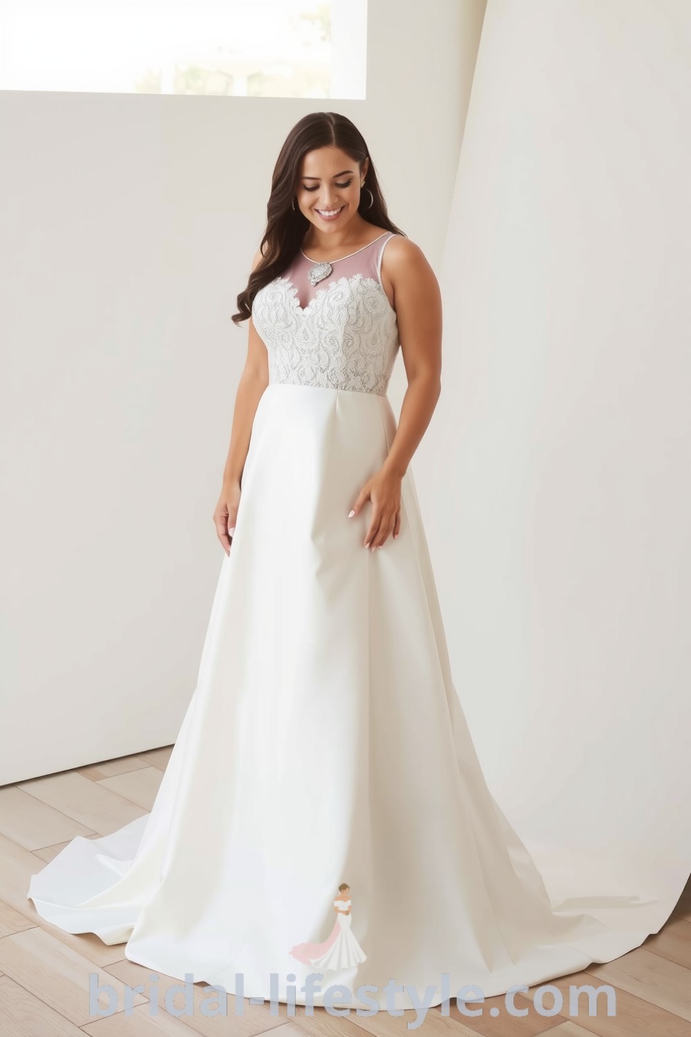 Elegant A-line wedding dress designed for plus-size figures, with a delicate lace overlay, shimmering satin skirt, and intricately embroidered bodice. bridal-lifestyle.com