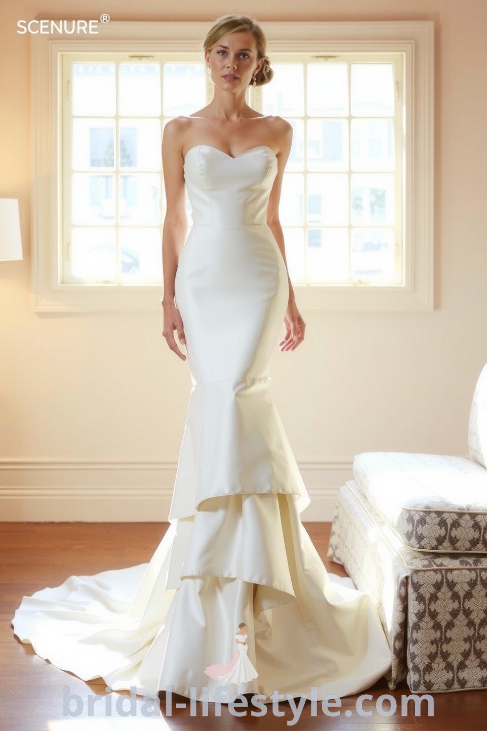 Elegant fit and flare satin wedding dress with a sweetheart neckline and tiered mermaid skirt, showcasing graceful movement and a romantic aesthetic perfect for dreamy brides. bridal-lifestyle.com