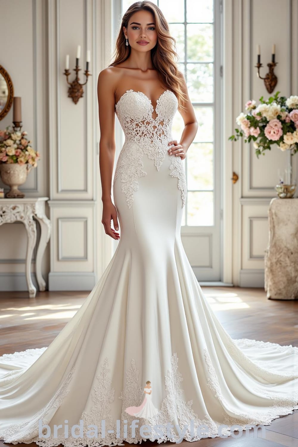 Mermaid wedding dress in luxurious satin with a strapless sweetheart neckline, fitted bodice, dramatic skirt embellished with lace overlays, and a sweeping train. bridal-lifestyle.com