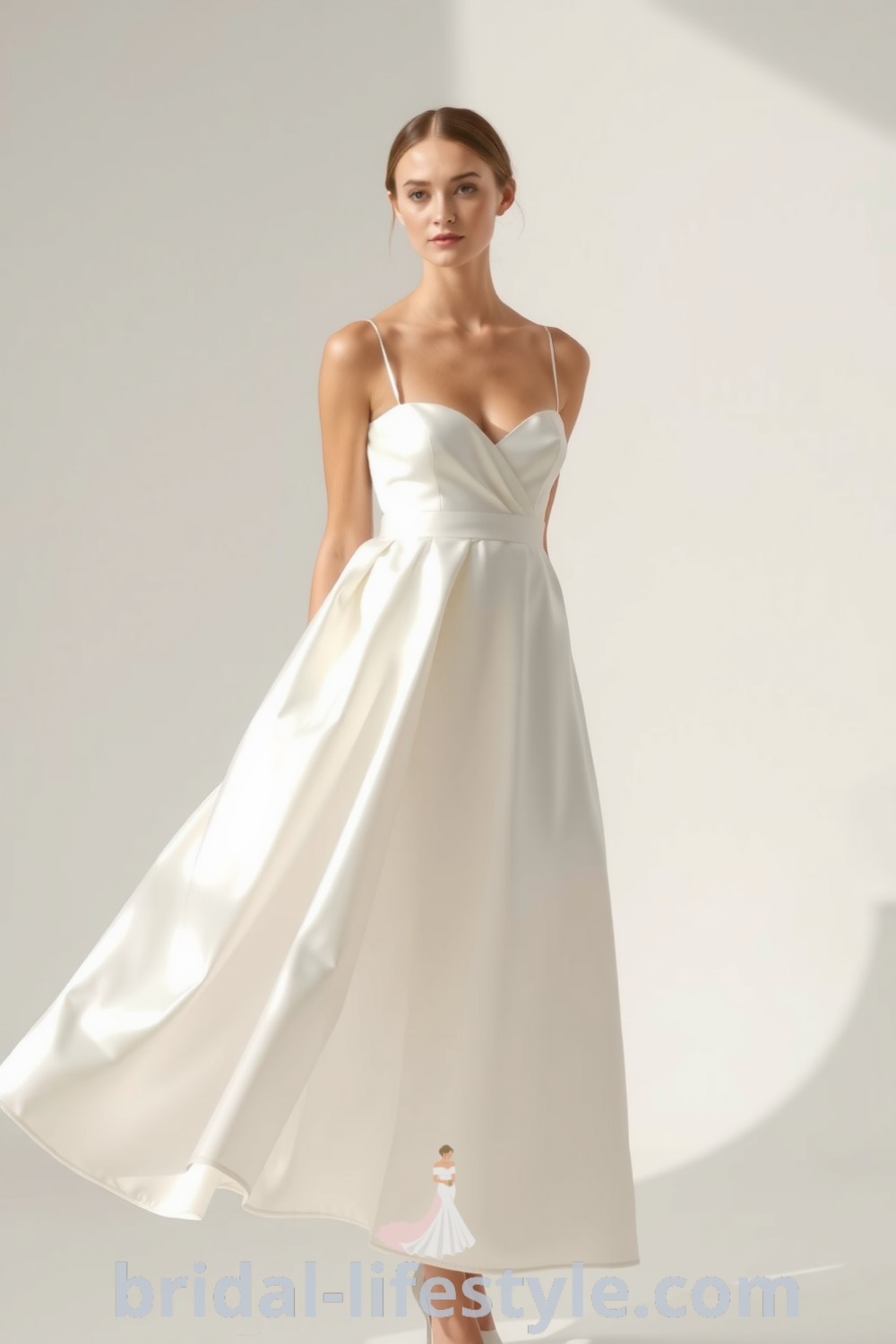 A white bride wearing a minimalist mini wedding dress made of flowing satin with an A-line cut and wide straps, showcasing elegance and sophistication. bridal-lifestyle.com
