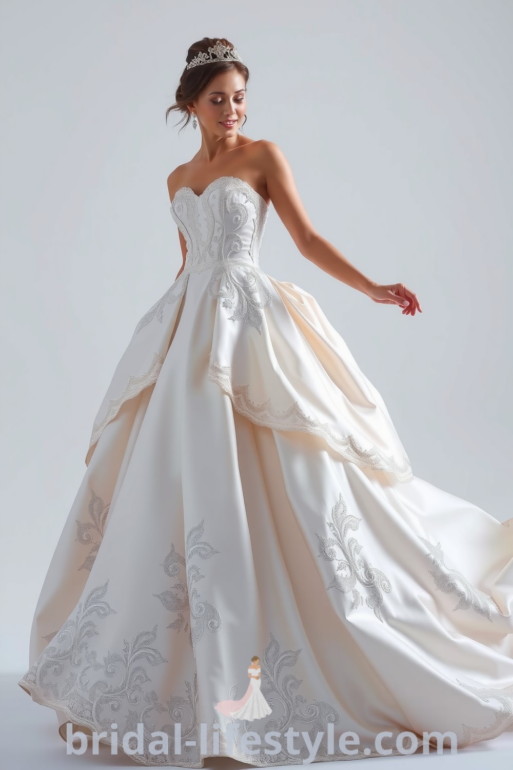 A luxurious satin princess wedding gown with a structured bodice, voluminous lace-appliquéd skirt, and soft sheen fabric. bridal-lifestyle.com