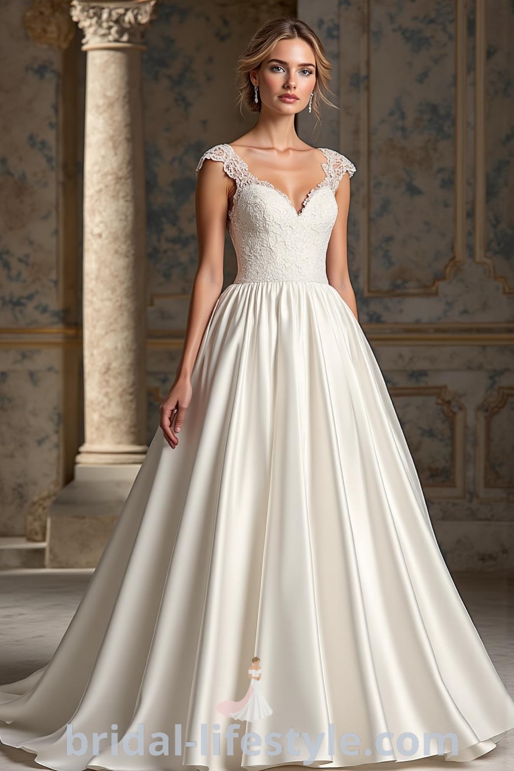 Elegant A-line wedding dress with lace cap sleeves, soft satin floor-length skirt, illusion neckline, and detailed lace appliqués on the bodice. bridal-lifestyle.com