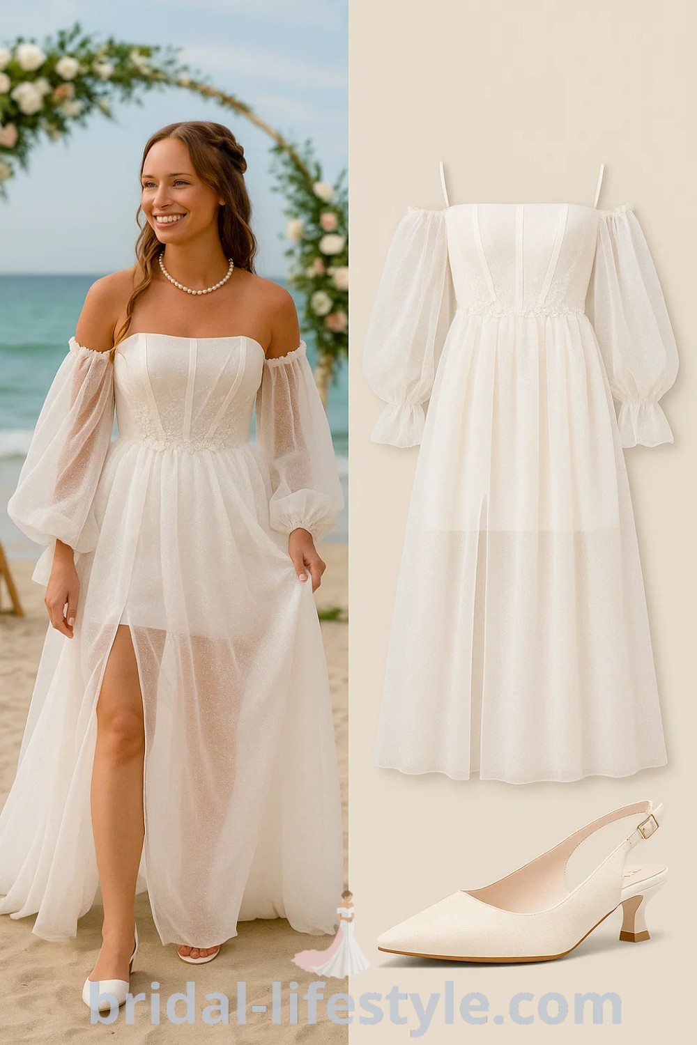 bohemian A-line wedding dress in white with puffed sleeves, paired with slingback heels and a pearl necklace for a beach wedding, featured on pinshoesoutfits.com.