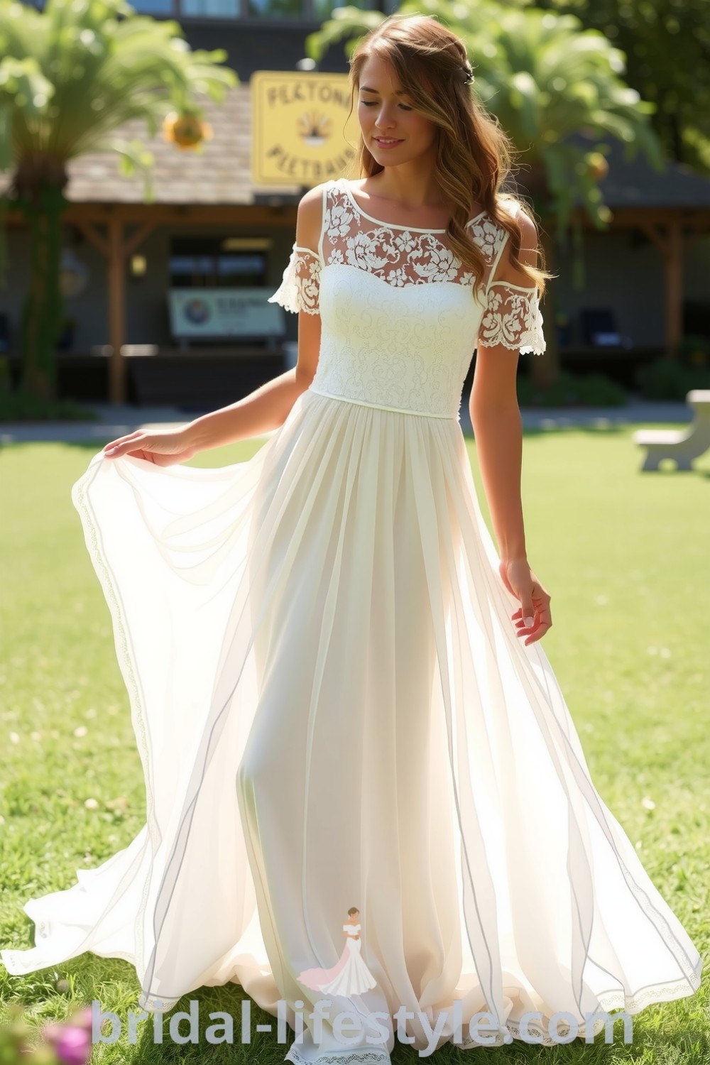 Boho two-piece wedding dress with a lace crop top and flowing chiffon skirt, perfect for outdoor celebrations, featuring intricate floral patterns and romantic charm. bridal-lifestyle.com