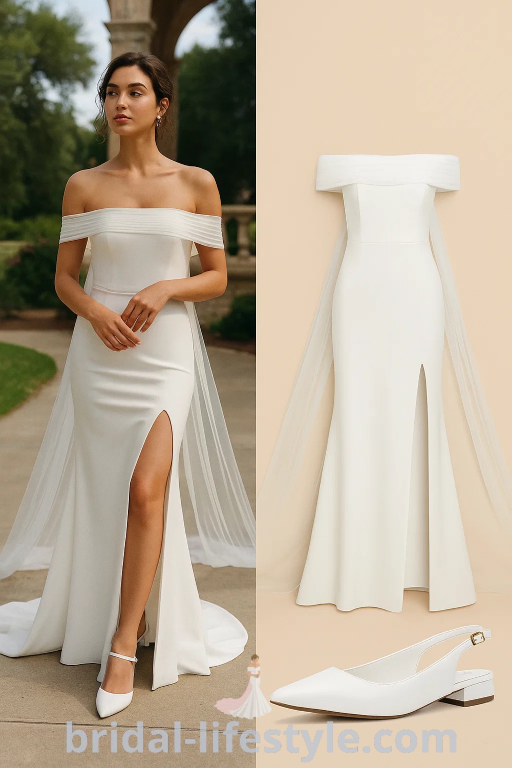 A beautiful off-shoulder Mermaid Simple Satin wedding dress with a slit, complemented by elegant white pointed-toe flats, suitable for weddings and formal events. This gown embodies sophisticated bridal aesthetics, showcasing a fitted silhouette and lush white fabric, available at pinshoesoutfits.com.