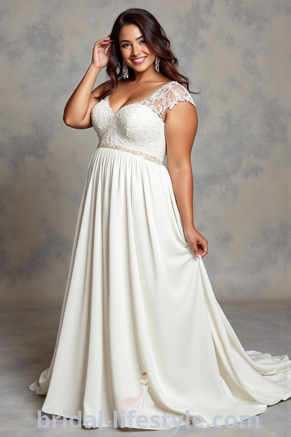 A-line wedding dress made of luxurious taffeta with exquisite embroidery on the bodice and an illusion neckline, featuring a flowing skirt that cascades to the floor. bridal-lifestyle.com