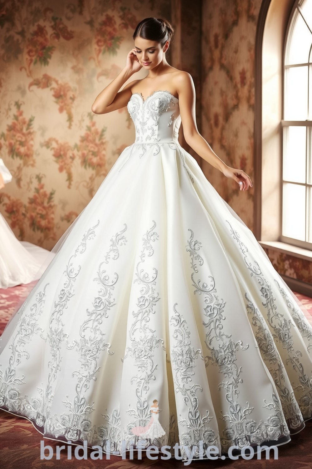 Princess-style wedding dress with fitted satin bodice, voluminous tulle skirt, delicate lace appliqués, and shimmering glitter, radiating elegance for dreamy brides. bridal-lifestyle.com