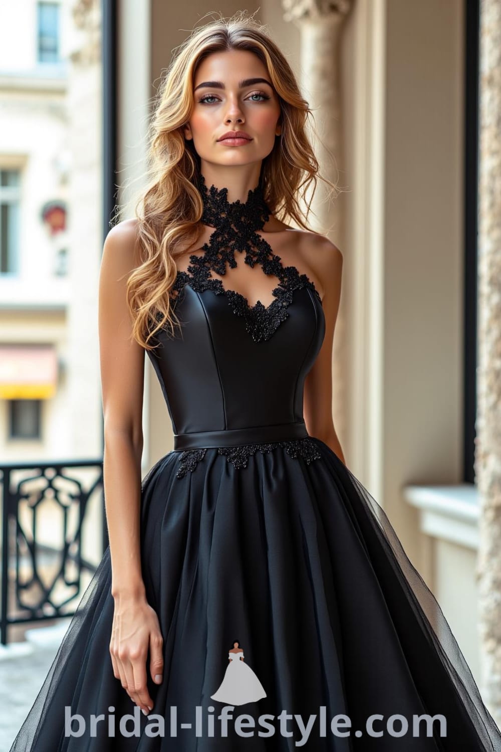 Stunning princess black wedding dress with fitted satin bodice, intricate black lace detailing, voluminous tulle overlay, high illusion neckline, and sweeping train. bridal-lifestyle.com