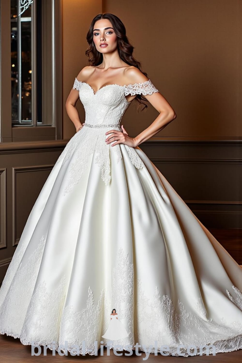 A luxurious satin princess ballgown with a fitted bodice, voluminous skirt, intricate lace appliqués, sweetheart neckline, and off-the-shoulder straps. bridal-lifestyle.com