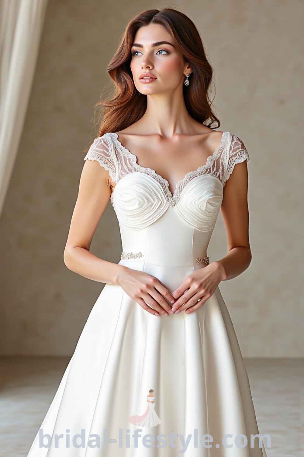 Elegant A-line satin wedding gown featuring lace trim, intricate beading, cap sleeves, and a flowing skirt with a tasteful train. bridal-lifestyle.com