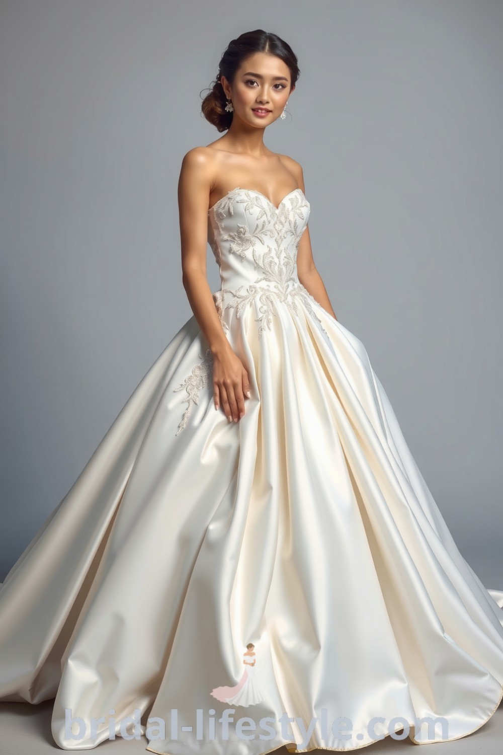 Elegant princess-style wedding dress with luxurious satin, sweetheart neckline adorned with lace appliqués, and a voluminous skirt, perfect for dreamy brides. bridal-lifestyle.com