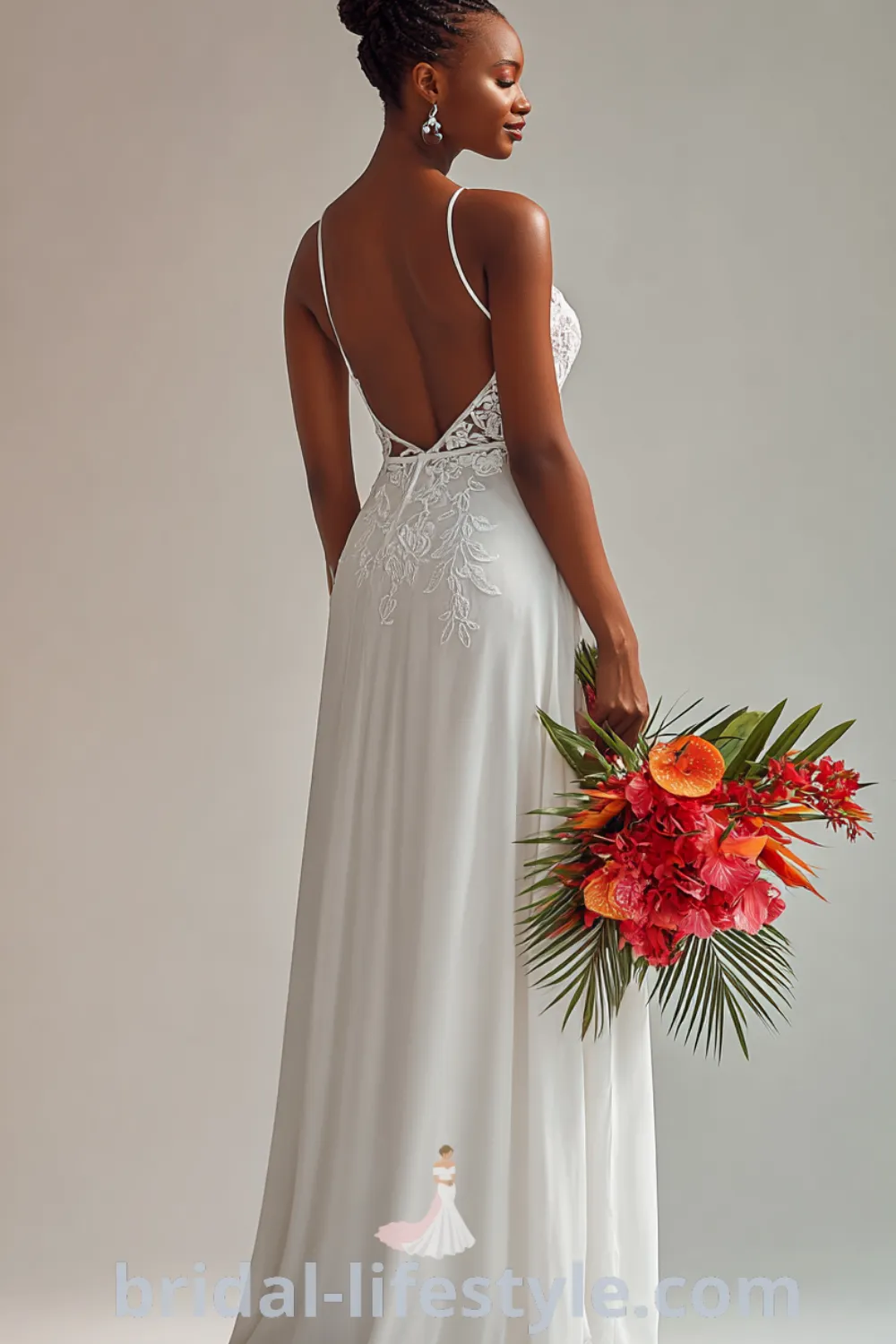 Tropical boho wedding dress with flowy chiffon skirt, crochet lace accents, relaxed beach bridal gown, seaside elopement inspiration.