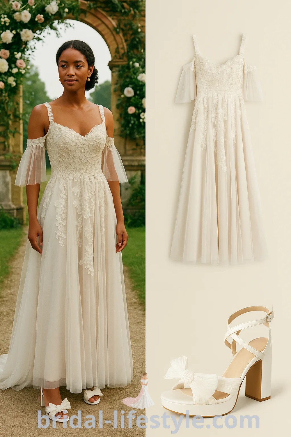 A stunning A-Line Lace wedding dress featuring a flowing white skirt and an off-the-shoulder bodice, complemented by strappy white heels with bow detail and gold stud earrings, perfectly designed for weddings, formal events, and evening galas, available at pinshoesoutfits.com.