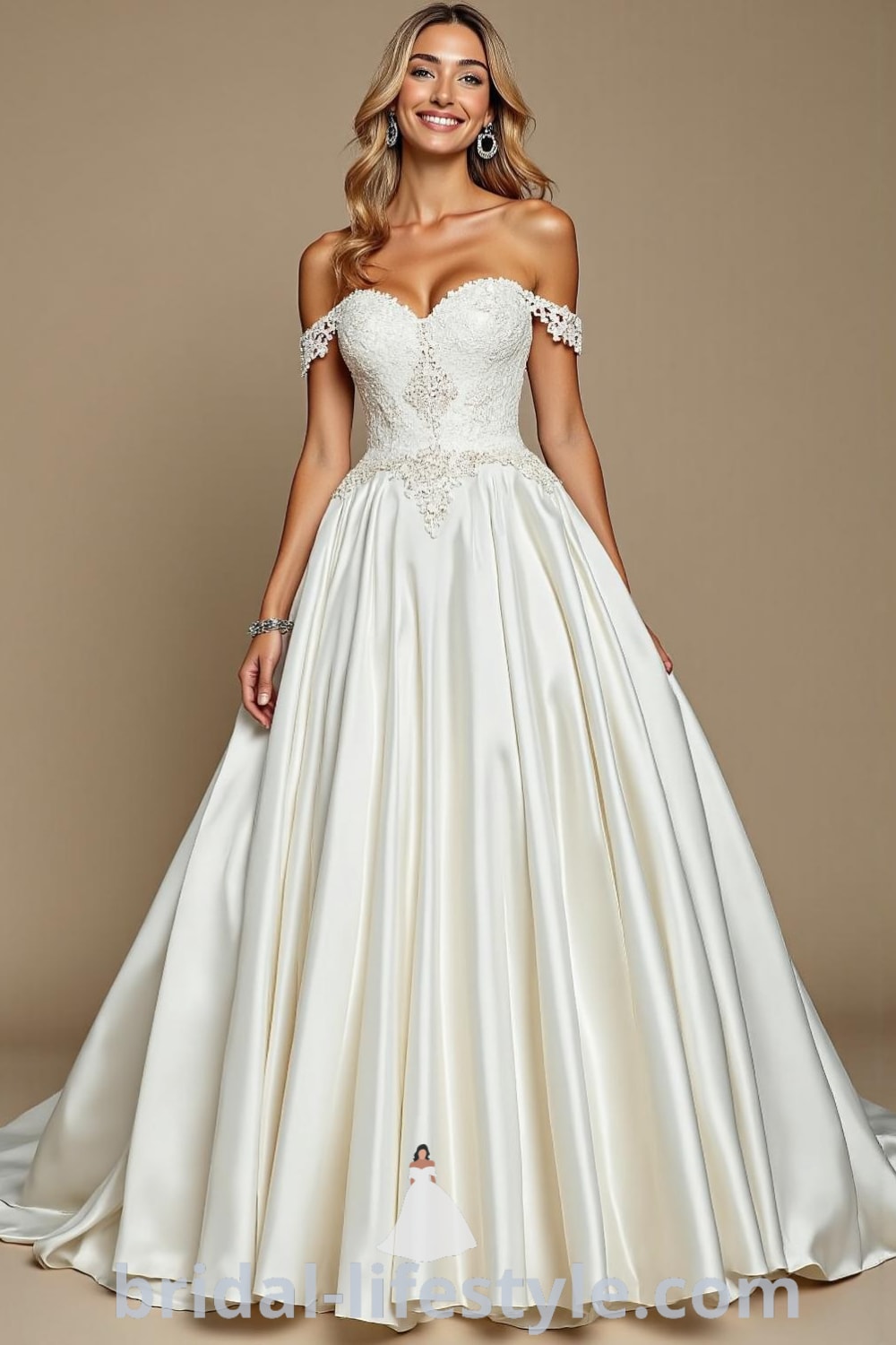 Princess ballgown with a textured satin bodice, lace appliqués, voluminous skirt, off-the-shoulder straps, and a shimmering finish. bridal-lifestyle.com