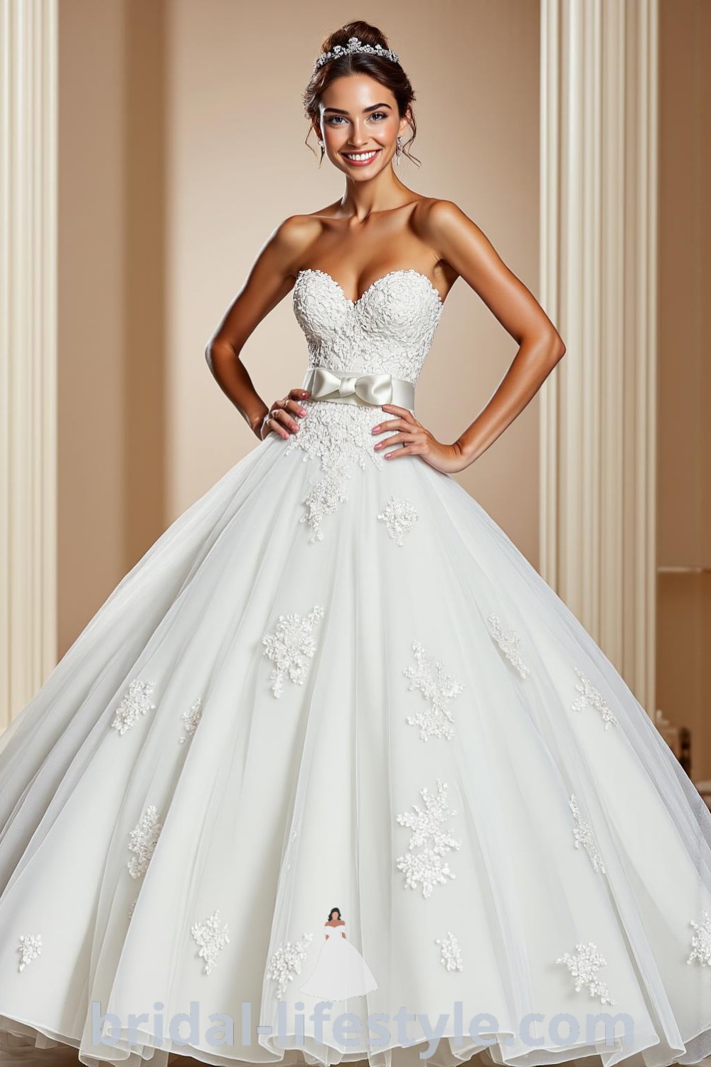 A stunning princess ballgown with a voluminous tulle skirt, intricately embroidered bodice with lace appliqués, sweetheart neckline, and shimmering satin ribbon at the waist. bridal-lifestyle.com