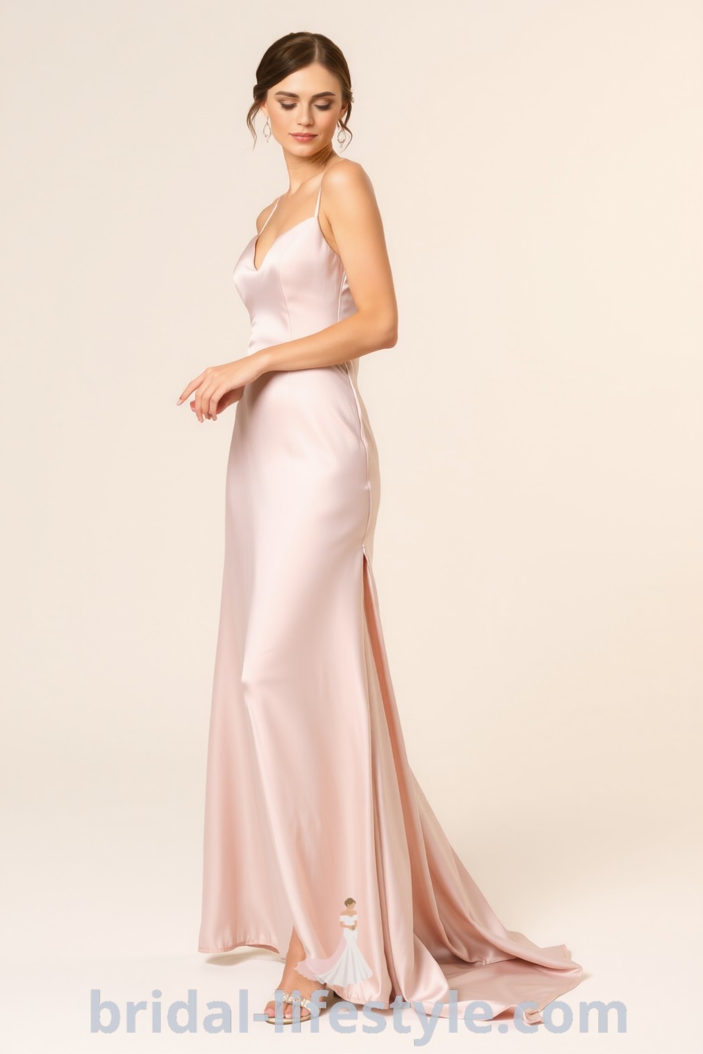 Stunning long satin bridesmaid dress featured on bridal-lifestyle.com, showcasing elegance with a sleek silhouette and side slit, as well as best aesthetic ideas for dreamy brides and dresses of your dream for the special day.