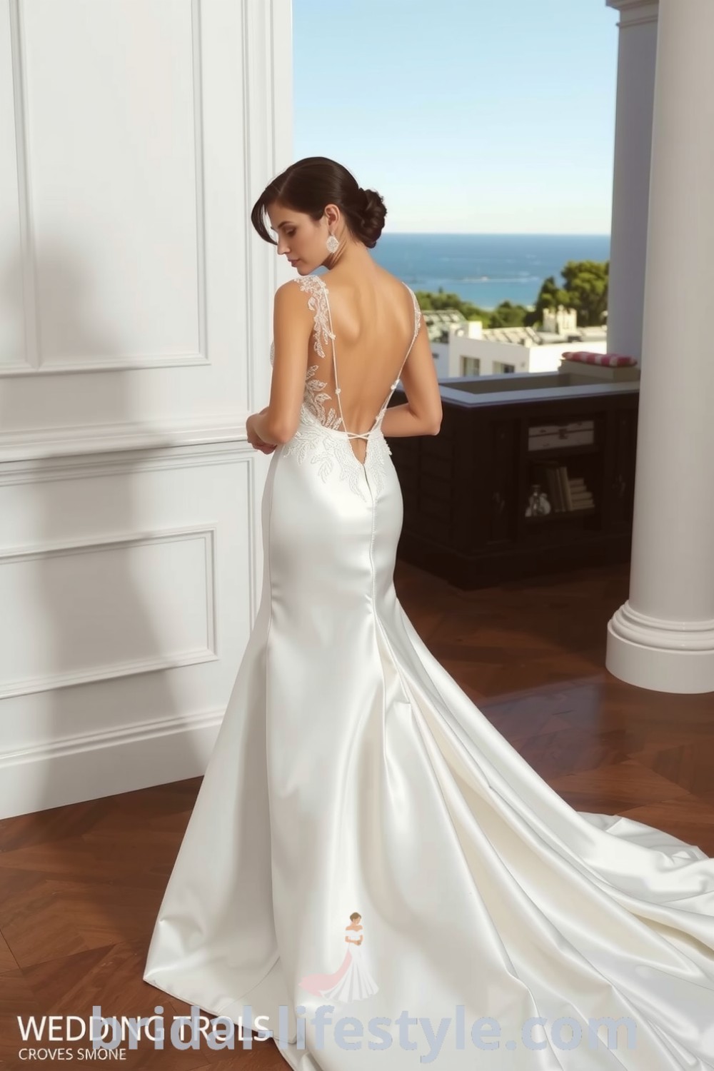 Elegant mermaid wedding dress with luxurious satin, delicate lace bodice, and dramatic train, featuring a stunning open back for a romantic look. bridal-lifestyle.com
