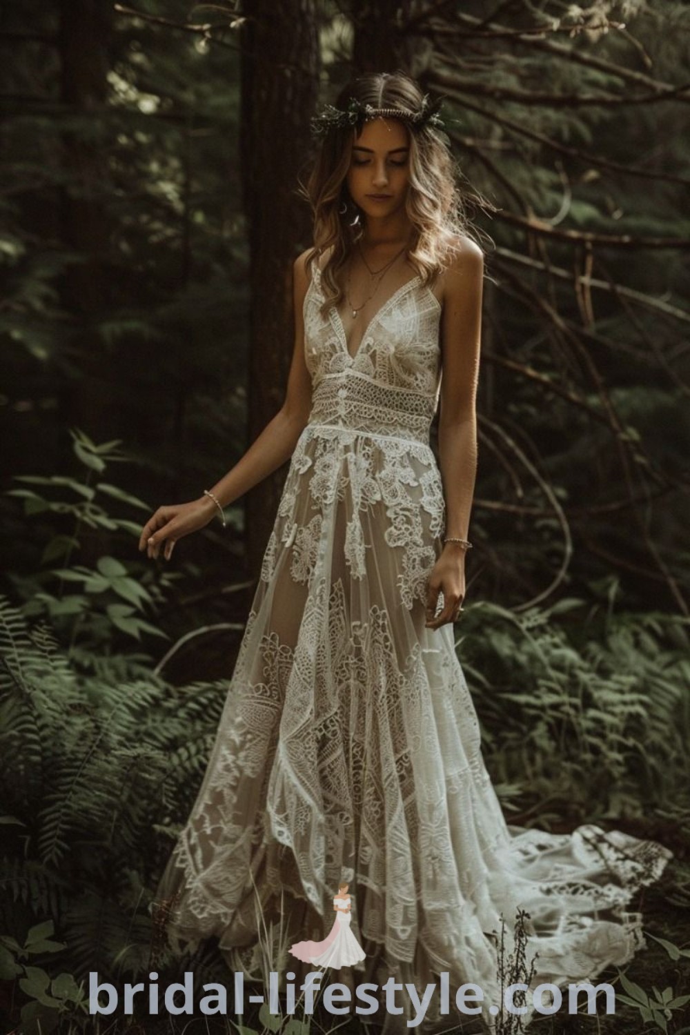 A woman standing in the woods wearing a rustic bohemian wedding dress with spaghetti straps, exemplifying festival-style wedding elegance. This enchanting gown is perfect for dreamy brides seeking aesthetic ideas and inspiration for their special day. Discover more at bridal-lifestyle.com.