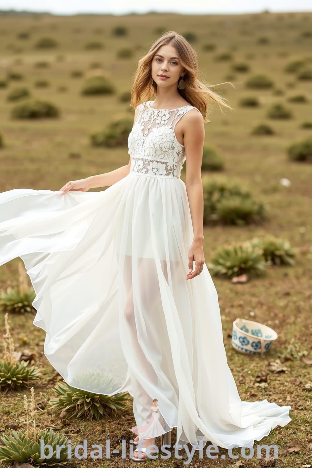 Bohemian two-piece wedding dress with a lace crop top featuring floral patterns and a flowing high-waisted chiffon skirt, perfect for outdoor ceremonies. bridal-lifestyle.com