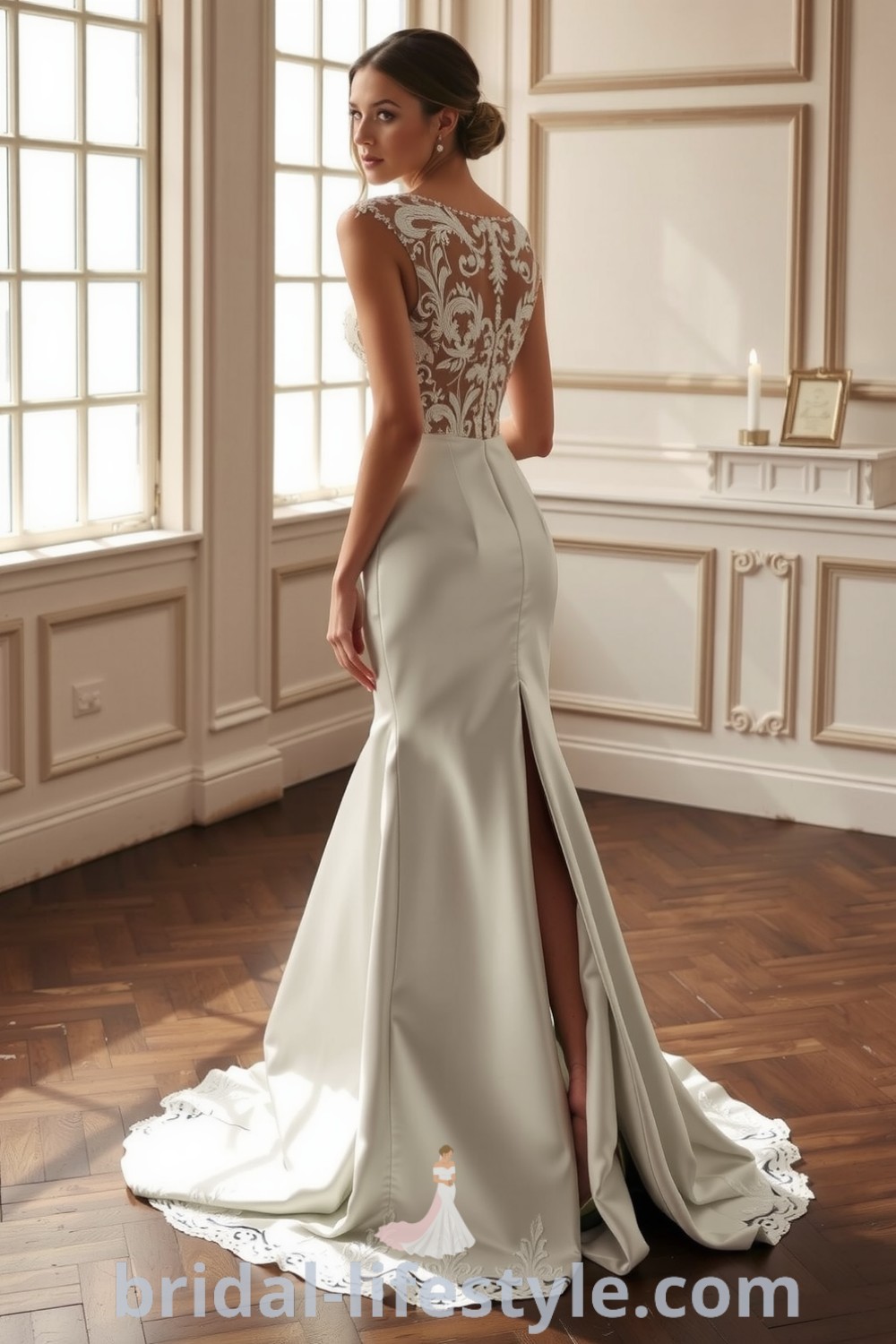Fit and flare wedding dress in satin with lace appliqués and thigh-high slit, showcasing an elegant silhouette. bridal-lifestyle.com