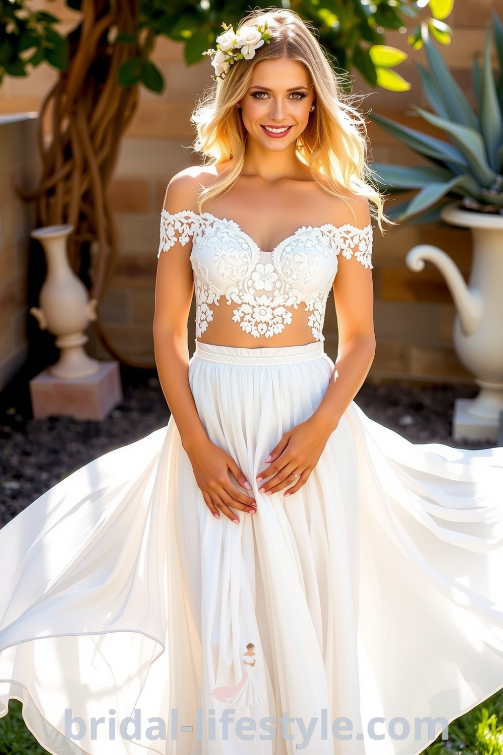 Boho two-piece wedding dress with a floral lace crop top and a high-waisted chiffon skirt, featuring scalloped edges and a graceful silhouette. bridal-lifestyle.com