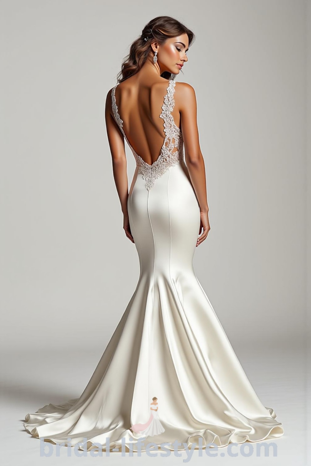 Elegant mermaid wedding dress made from luxurious satin with intricate lace detailing on the open back and a flared skirt leading to a graceful train. bridal-lifestyle.com
