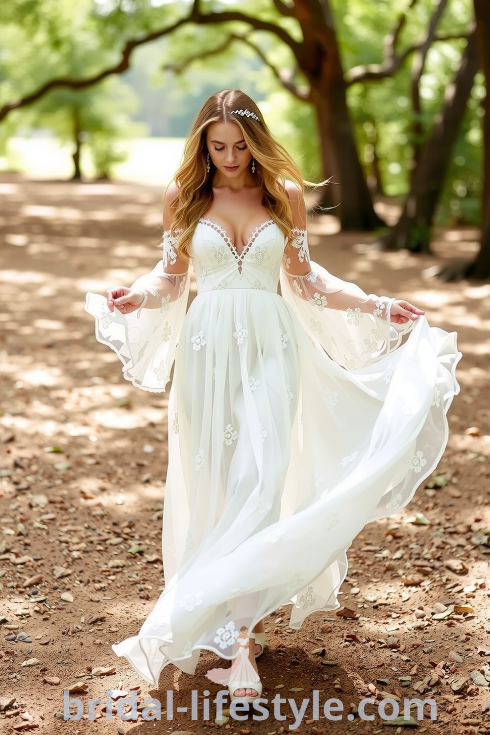 Boho wedding dress made of airy lace with bell sleeves and an off-the-shoulder neckline adorned with floral appliqués, featuring a flowing silhouette ideal for outdoor celebrations. bridal-lifestyle.com