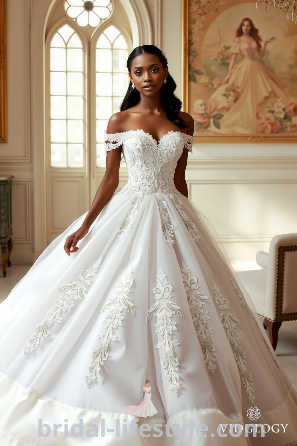 Princess-style wedding dress for brides with warm brown skin, featuring a fitted bodice with lace appliqués, voluminous tulle skirt, and off-the-shoulder neckline, perfect for dreamy brides seeking elegant aesthetic ideas for the special day. bridal-lifestyle.com